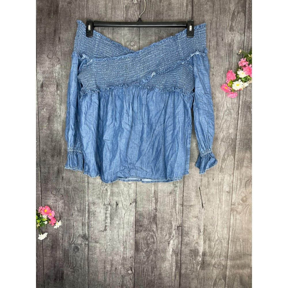 NEW INC Plus Size Shirred Bell Sleeve Indigo Top